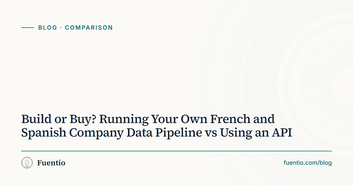 Share image: "Build or Buy? Running Your Own French and Spanish Company Data Pipeline vs Using an API" on Fuentio's paper background, with the Comparison label.