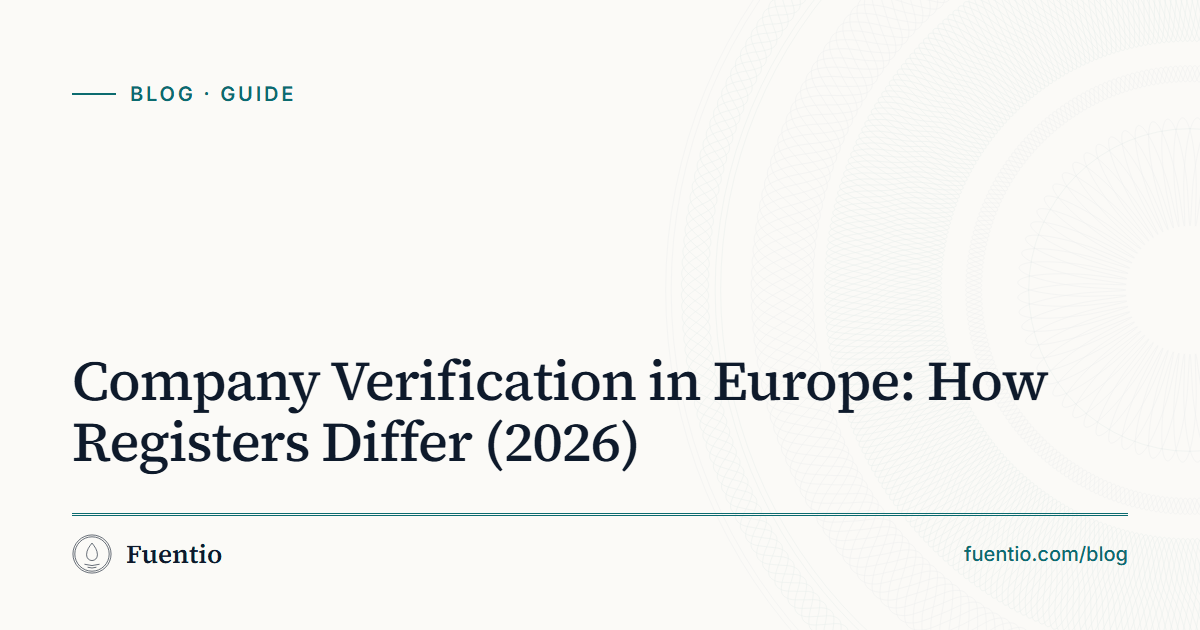 Share image: "Company Verification in Europe: How Registers Differ (2026)" on Fuentio's paper background, with the Guide label.