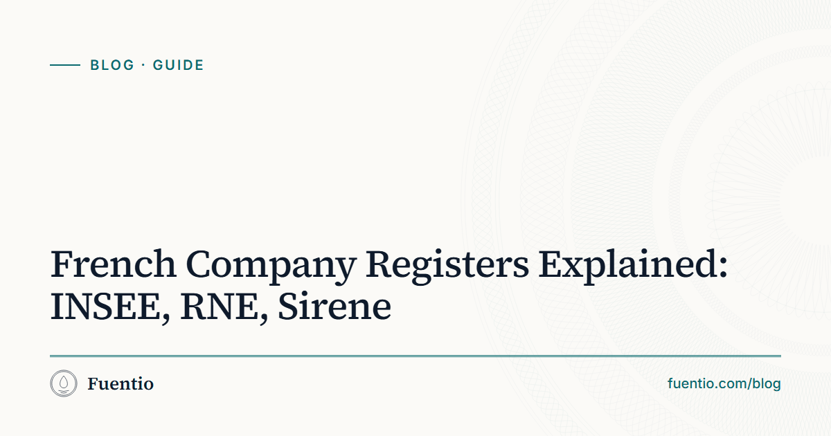 Share image: "French Company Registers Explained: INSEE, RNE, Sirene" on Fuentio's paper background, with the Guide label.