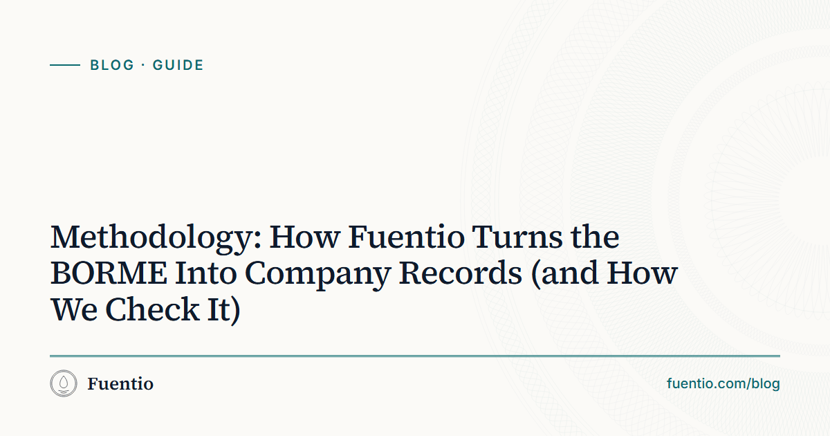 Share image: "Methodology: How Fuentio Turns the BORME Into Company Records (and How We Check It)" on Fuentio's paper background, with the Guide label.