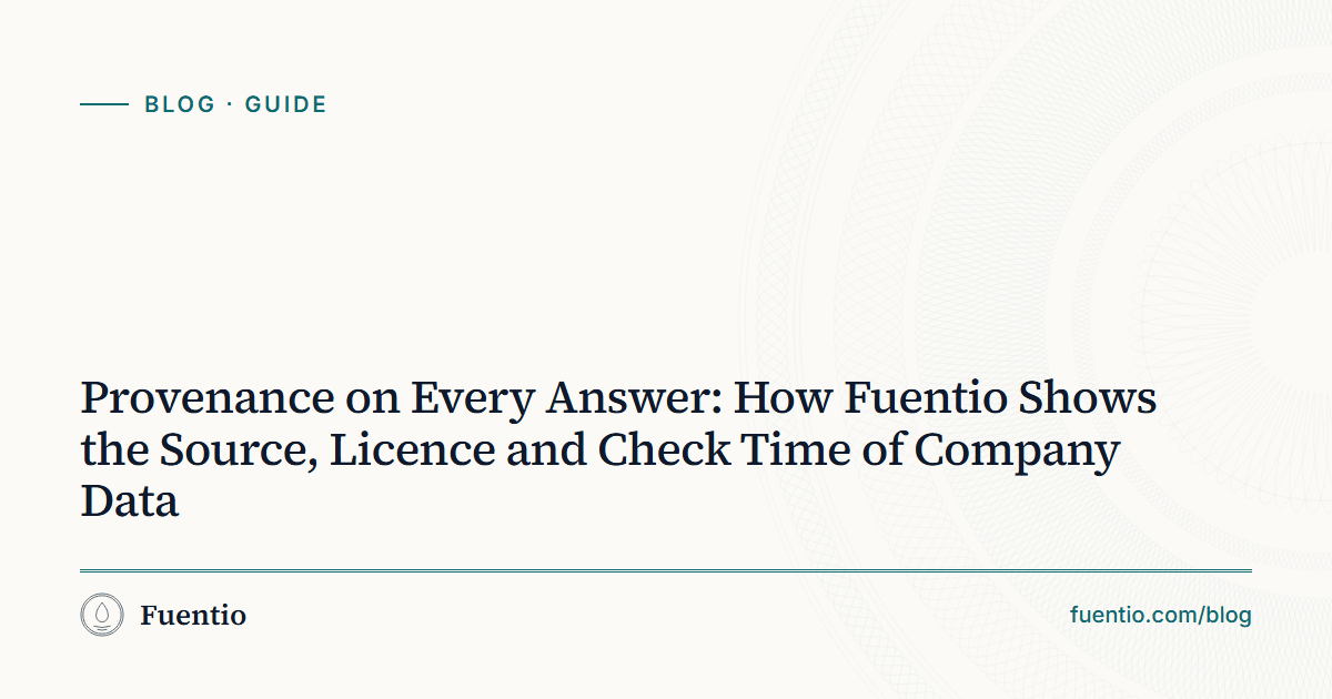 Share image: "Provenance on Every Answer: How Fuentio Shows the Source, Licence and Check Time of Company Data" on Fuentio's paper background, with the Guide label.