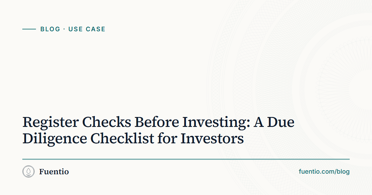 Share image: "Register Checks Before Investing: A Due Diligence Checklist for Investors" on Fuentio's paper background, with the Use case label.