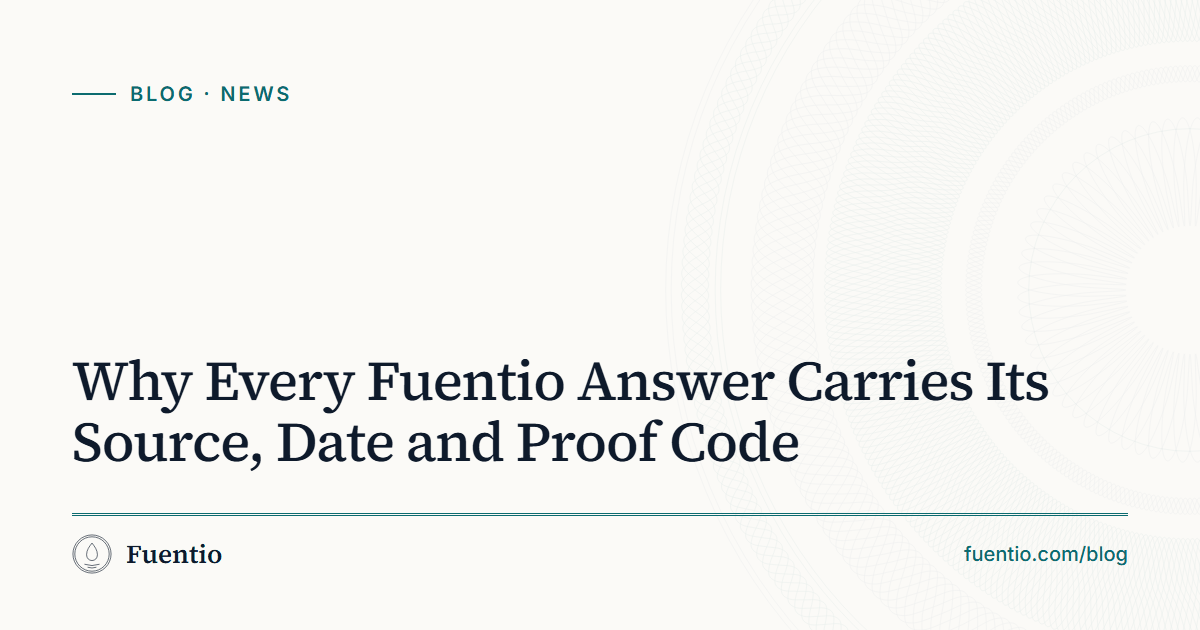 Share image: "Why Every Fuentio Answer Carries Its Source, Date and Proof Code" on Fuentio's paper background, with the News label.