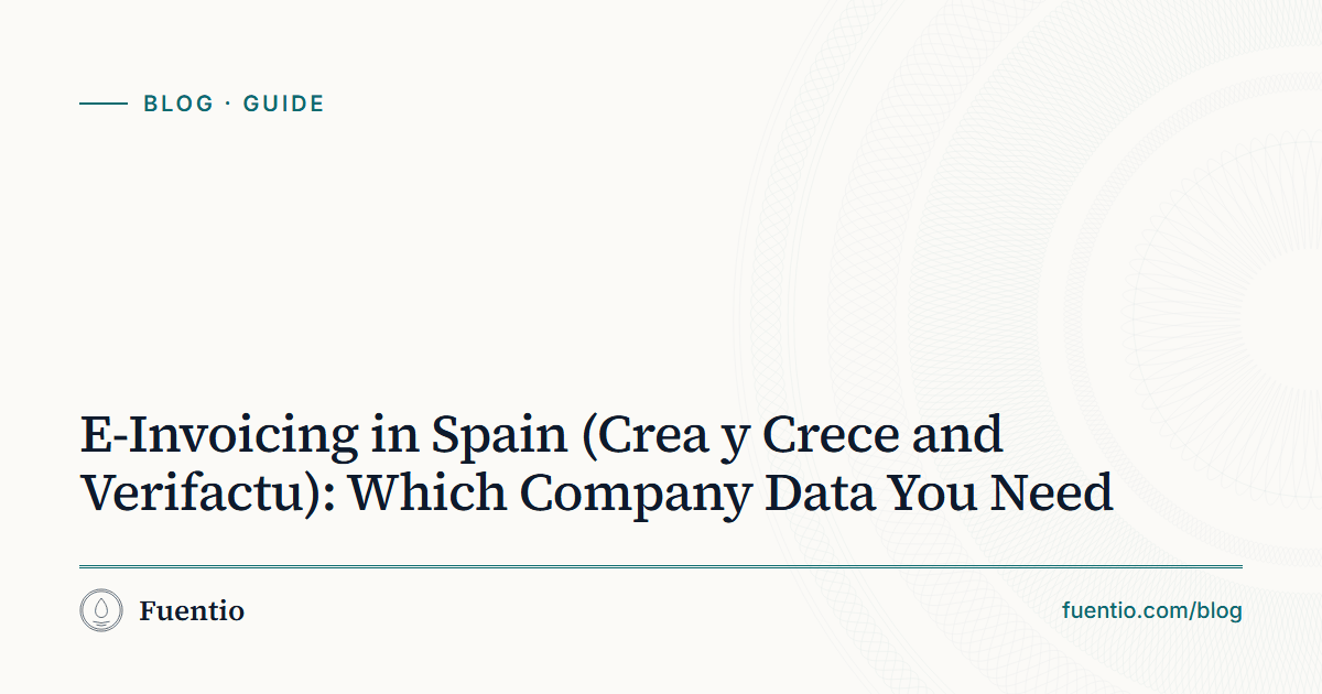 Share image: "E-Invoicing in Spain (Crea y Crece and Verifactu): Which Company Data You Need" on Fuentio's paper background, with the Guide label.