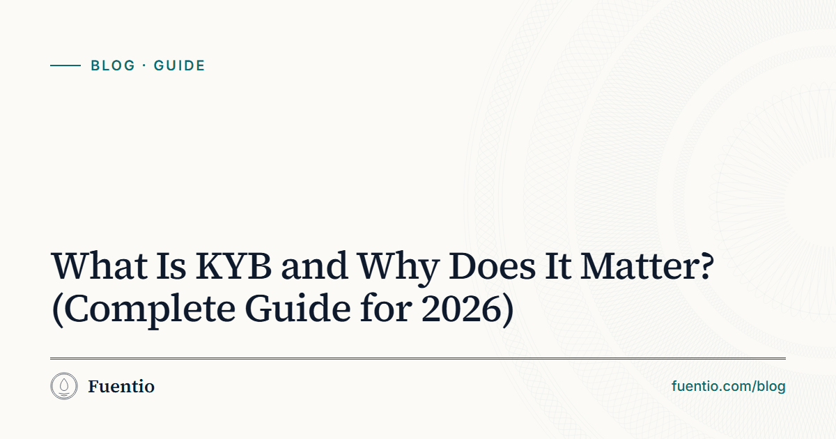 Share image: "What Is KYB and Why Does It Matter? (Complete Guide for 2026)" on Fuentio's paper background, with the Guide label.