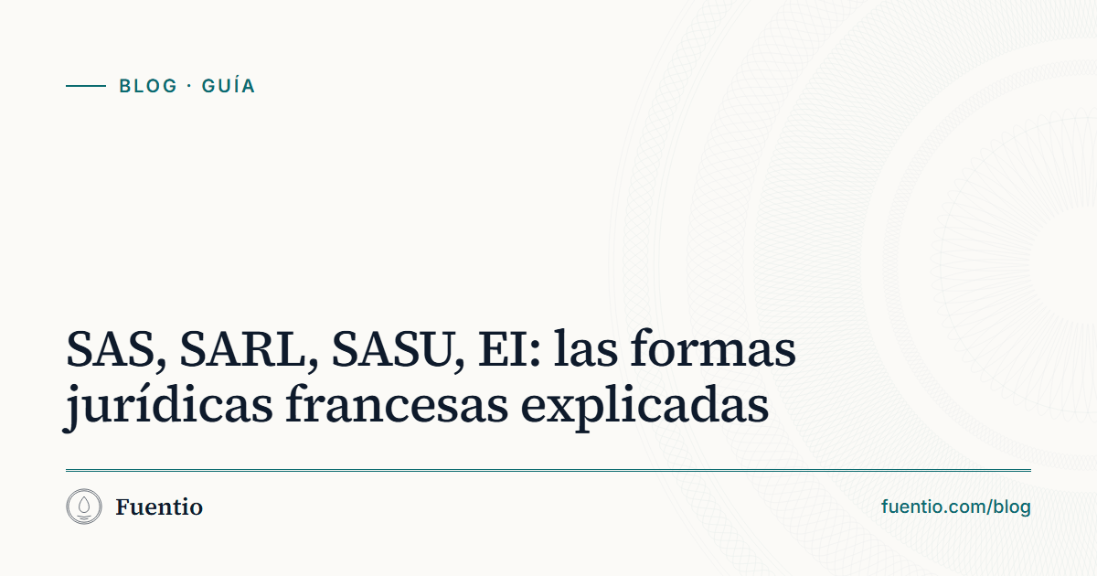 Imagen para compartir: «SAS, SARL, SASU, EI: las formas jurídicas francesas explicadas» sobre el fondo de papel de Fuentio, con la etiqueta Guía.