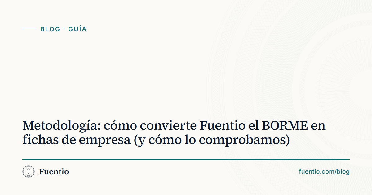 Imagen para compartir: «Metodología: cómo convierte Fuentio el BORME en fichas de empresa (y cómo lo comprobamos)» sobre el fondo de papel de Fuentio, con la etiqueta Guía.