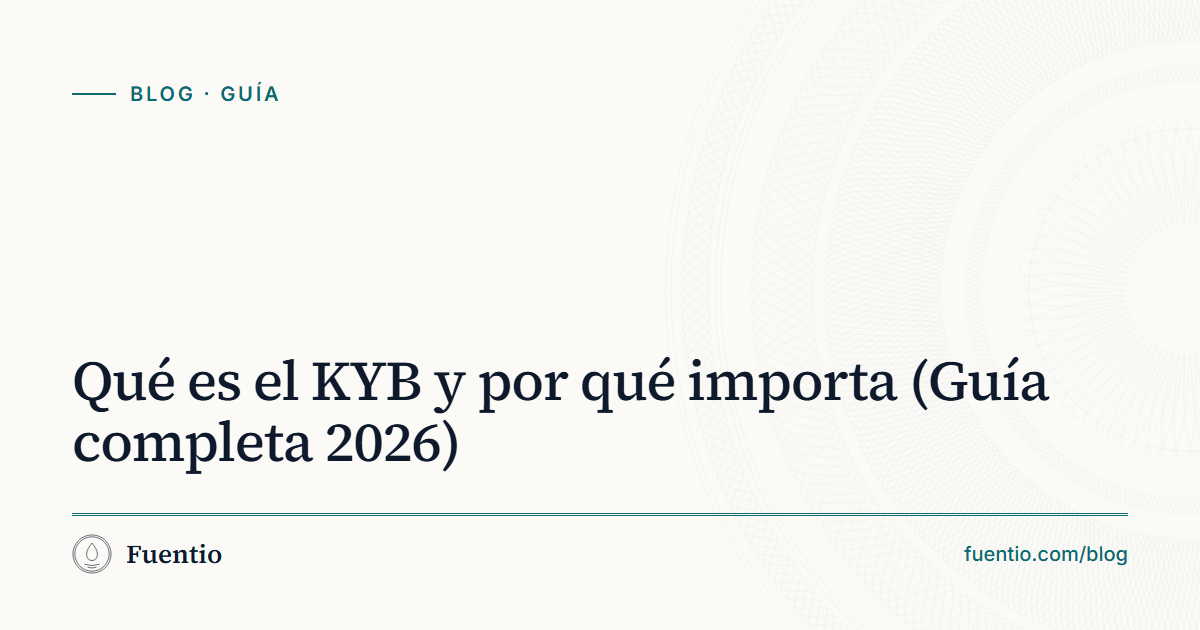 Imagen para compartir: «Qué es el KYB y por qué importa» sobre el fondo de papel de Fuentio, con la etiqueta Guía.