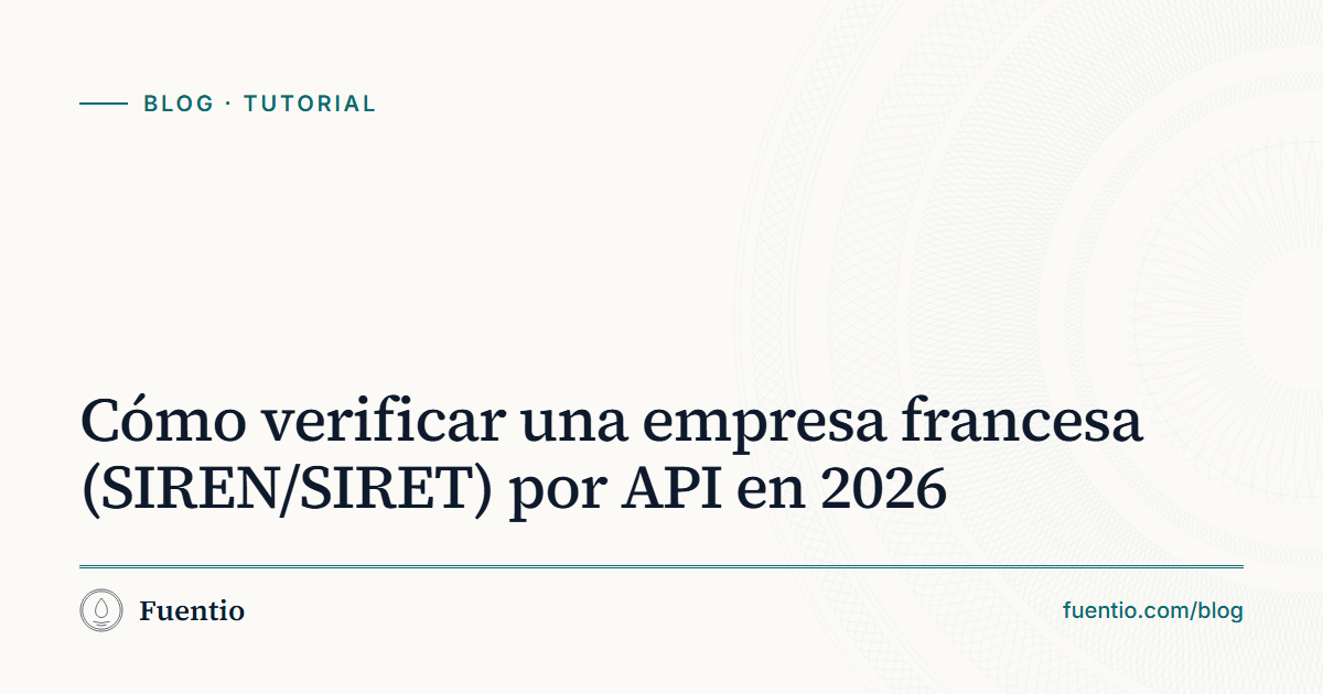 Imagen para compartir: «Cómo verificar una empresa francesa (SIREN/SIRET) por API en 2026» sobre el fondo de papel de Fuentio, con la etiqueta Tutorial.
