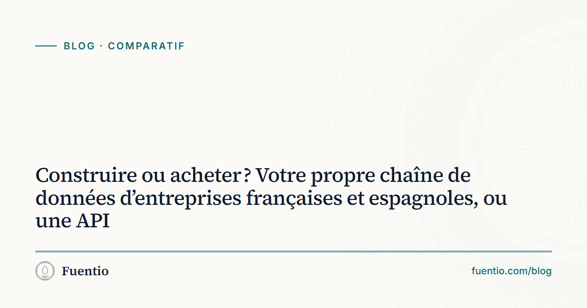 Image de partage : « Construire ou acheter ? Votre propre chaîne de données d’entreprises françaises et espagnoles, ou une API » sur le fond papier de Fuentio, avec l’étiquette Comparatif.