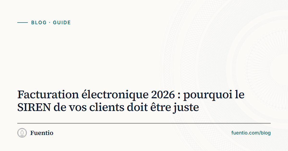 Image de partage : « Facturation électronique 2026 : pourquoi le SIREN de vos clients doit être juste » sur le fond papier de Fuentio, avec l’étiquette Guide.
