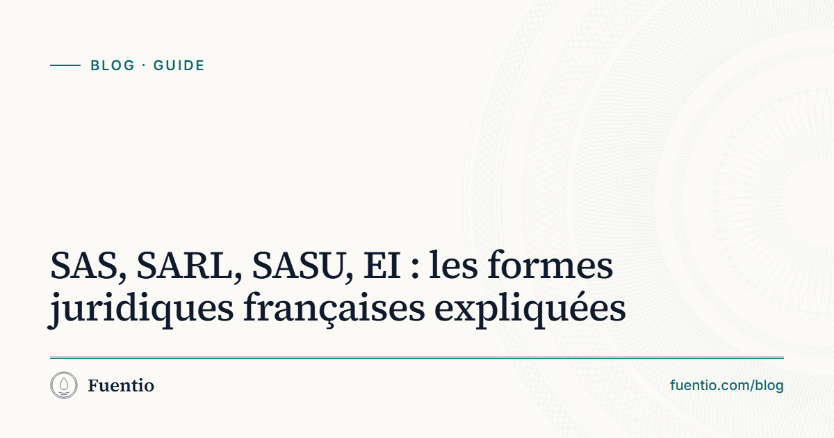 Image de partage : « SAS, SARL, SASU, EI : les formes juridiques françaises expliquées » sur le fond papier de Fuentio, avec l’étiquette Guide.