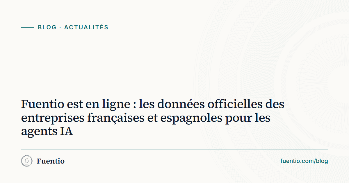 Image de partage : « Fuentio est en ligne : les données officielles des entreprises françaises et espagnoles pour les agents IA » sur le fond papier de Fuentio, avec l’étiquette Actualités.