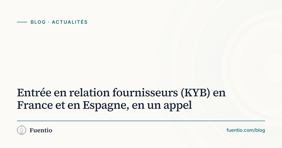 Image de partage : « Entrée en relation fournisseurs (KYB) en France et en Espagne, en un appel » sur le fond papier de Fuentio, avec l’étiquette Actualités.
