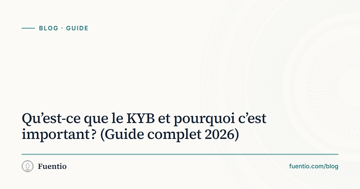Image de partage : « Qu’est-ce que le KYB et pourquoi c’est important ? » sur le fond papier de Fuentio, avec l’étiquette Guide.